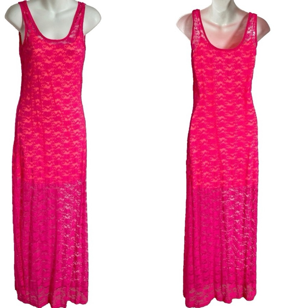 Beautiful Sheer Neon Pink Floral Lace MAXI DRESS With Dayglo Orange Slip Size S